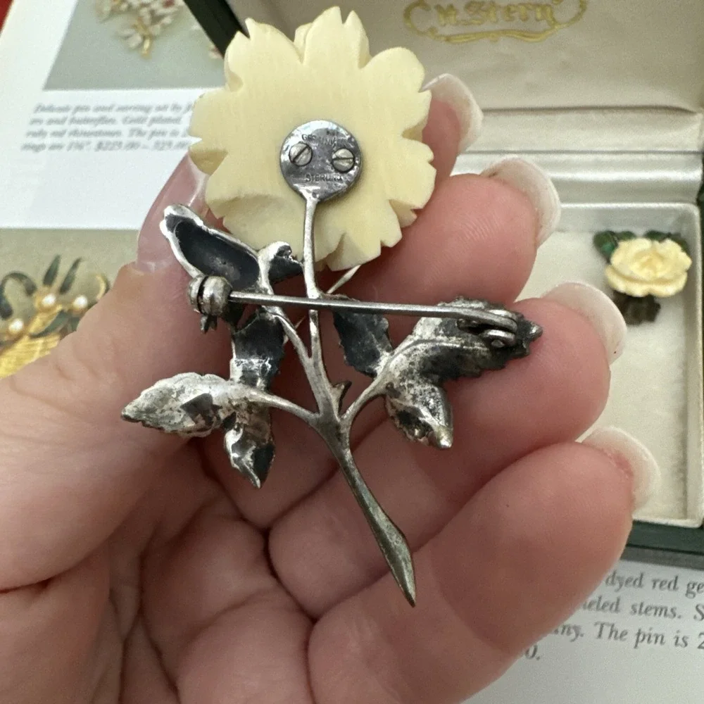 alice caviness Sterling Set Brooch & Earrings Enameled Stems Germany EUC